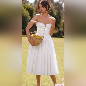 House of CB White Strapless Lace-Up Bustier Maxi Dress